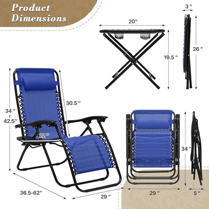 Athena Collection Zero Gravity Outdoor Lounge Chair Set of 2 with Side Table, 29" Width Pool Lounge Lawn Chairs Reclining with Cup Holder, Outdoor Chaise for Beach Patio Backyard Outside, Blue
