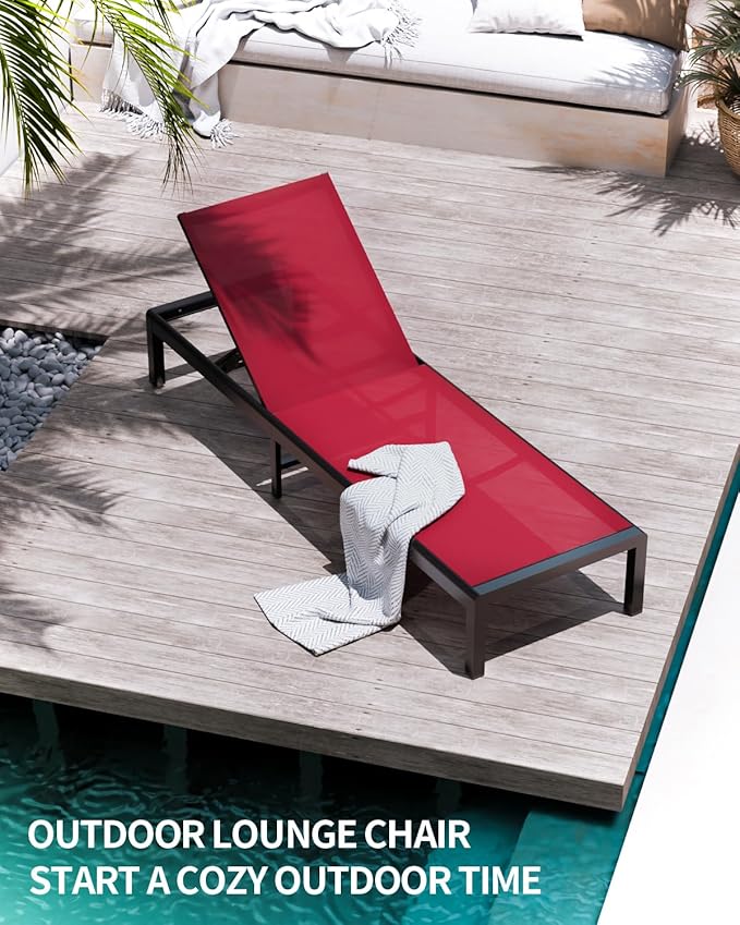 Aluminum Lounge Chairs Outdoor Chaise Furniture,2 Sets Patio Metal Deck Lounger Adjustable 5-Position Poolside Chase Recliner with Wheels for Beach,Coffee Table, (Red, 2 Chair＋Table)