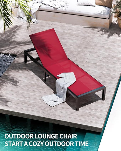 Aluminum Lounge Chairs Outdoor Chaise Furniture,2 Sets Patio Metal Deck Lounger Adjustable 5-Position Poolside Chase Recliner with Wheels for Beach,Coffee Table, (Red, 2 Chair＋Table)