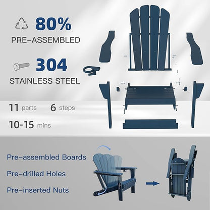 Domi Folding Adirondack Chairs Set of 8, HDPE All-Weather Outdoor Chairs with Cup Holder, Wooden Textured Fire Pit Chairs for Backyard, Patio, Poolside & Deck, Navy Blue