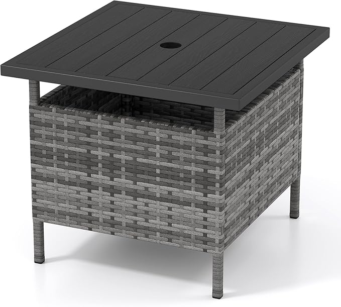 Tangkula Outdoor Wicker Table, Rattan Coffee Table with Umbrella Insert Hole, HDPE Tabletop & Sturdy Metal Frame, Patio Umbrella Side Table Stand for Backyard, Garden, Poolside (Mix Grey)