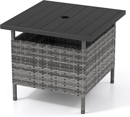 Tangkula Outdoor Wicker Table, Rattan Coffee Table with Umbrella Insert Hole, HDPE Tabletop & Sturdy Metal Frame, Patio Umbrella Side Table Stand for Backyard, Garden, Poolside (Mix Grey)