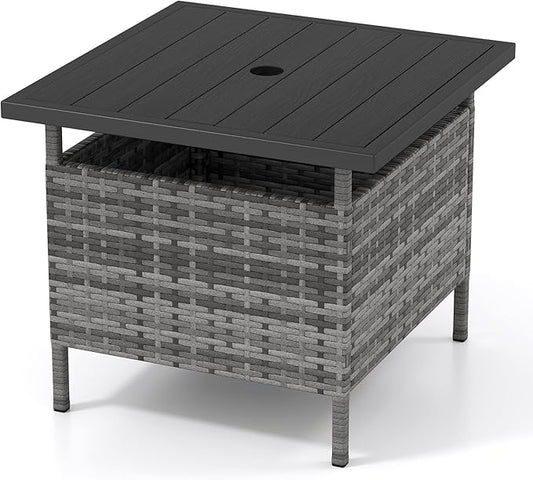 Tangkula Outdoor Wicker Table, Rattan Coffee Table with Umbrella Insert Hole, HDPE Tabletop & Sturdy Metal Frame, Patio Umbrella Side Table Stand for Backyard, Garden, Poolside (Mix Grey)