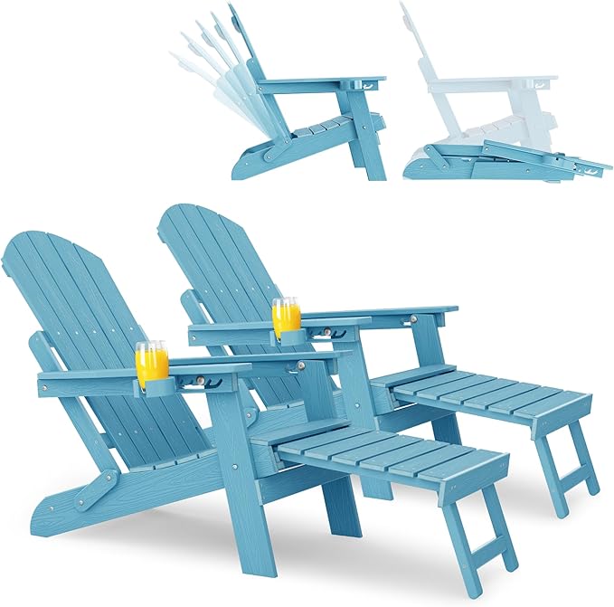 YEFU Adirondack Chair with Retractable Ottoman: Folding Adirondack Chairs Set of 2-5-Level Adjustable Backrest with Footrest - Fire Pit Chairs - Cup Holder - Outdoor Plastic Chair for Patio