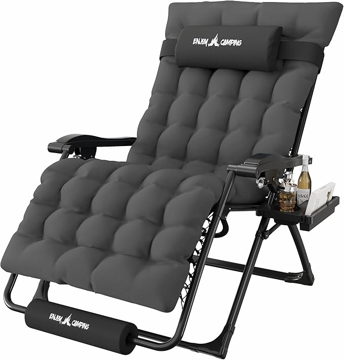 Amopatio Oversized Padded Zero Gravity Chair, XXL 33In Reclining Camping Lounge Chair w/Removable Cushion&Headrest, Upgraded Lock and Footrest, Folding Patio Recliner for Indoor Outdoor, Black Grey