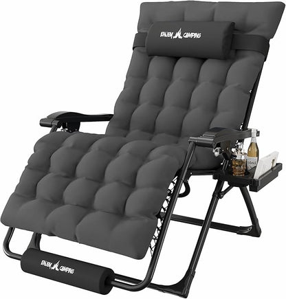 Amopatio Oversized Padded Zero Gravity Chair, XXL 33In Reclining Camping Lounge Chair w/Removable Cushion&Headrest, Upgraded Lock and Footrest, Folding Patio Recliner for Indoor Outdoor, Black Grey