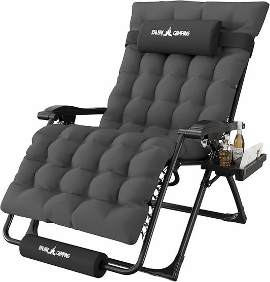 Amopatio Oversized Padded Zero Gravity Chair, XXL 33In Reclining Camping Lounge Chair w/Removable Cushion&Headrest, Upgraded Lock and Footrest, Folding Patio Recliner for Indoor Outdoor, Black Grey