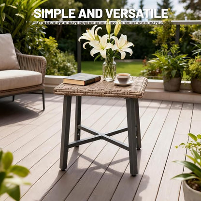 Outdoor Wicker Side Table Small Square Patio Rattan Table Adopt Sturdy Galvanized Steel Frame Powder-Coated Legs
