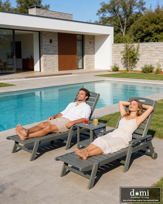 Domi Pool Lounge Chairs Set of 2 with Table, HDPE Outdoor Chaise Lounge Chairs for Outside, Pool Loungers for Poolside, Patio, Sunbathing Tanning, Grey
