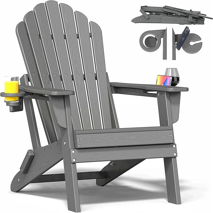 Oversized Adirondack Chair with Dual Cup Holders, Ergonomic High Back HDPE Fire Pit Chair, 380lbs Capacity All-Weather Outdoor Patio Lounge Chair for Garden, Deck, Yard - Grey