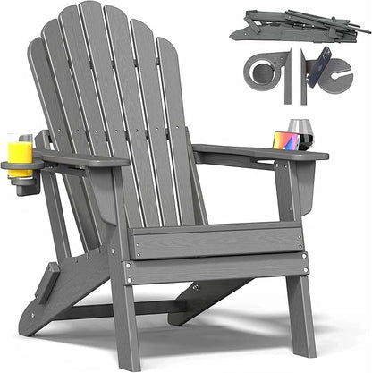 Oversized Adirondack Chair with Dual Cup Holders, Ergonomic High Back HDPE Fire Pit Chair, 380lbs Capacity All-Weather Outdoor Patio Lounge Chair for Garden, Deck, Yard - Grey