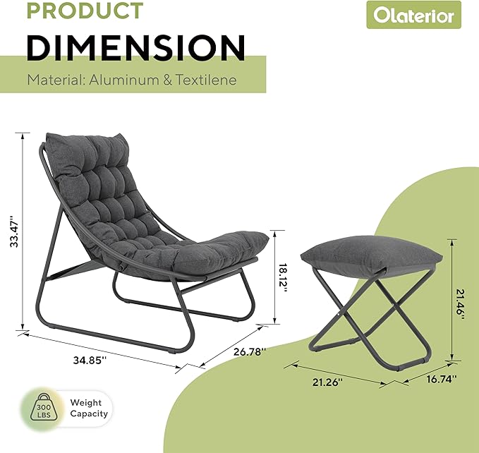 Patio Lounge Chair with Ottoman, Indoor Outdoor Comfy Sling Recliner Chair with Cushion - Photo 3