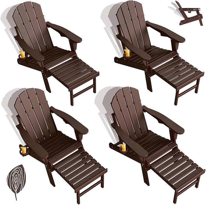 GREENVINES Adjustable Adirondack Chair with Retractable Ottoman Set of 4 | Folding | 2 Cup Holders | Wood Grain HDPE Plastic | Fire Pit Chairs w/Foot Rest | Dark Brown | for Outdoor Patio Poolside