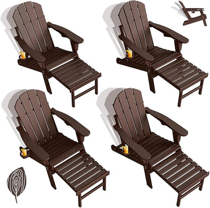 GREENVINES Adjustable Adirondack Chair with Retractable Ottoman Set of 4 | Folding | 2 Cup Holders | Wood Grain HDPE Plastic | Fire Pit Chairs w/Foot Rest | Dark Brown | for Outdoor Patio Poolside