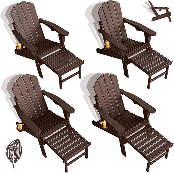 GREENVINES Adjustable Adirondack Chair with Retractable Ottoman Set of 4 | Folding | 2 Cup Holders - Photo 1