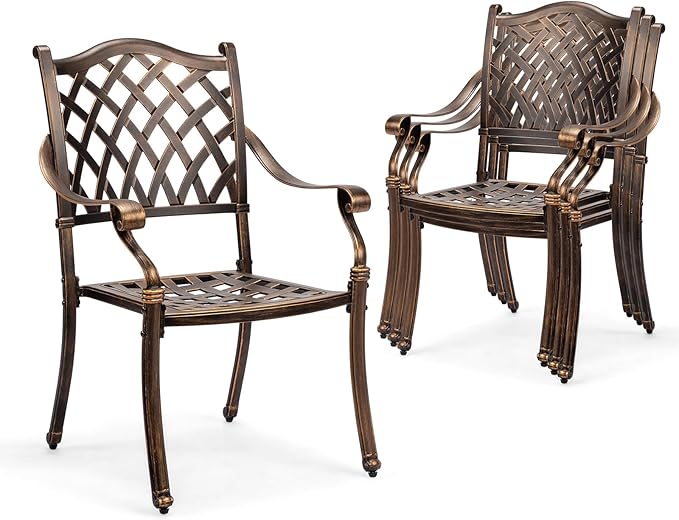 VINGLI Patio Chairs Set of 4 - Stackable Outdoor Cast Aluminum Dining Chairs with Vintage Bronze Finish and Diamond Pattern, Metal Armchairs for Poolside, Backyard, Balcony (No Cushion)