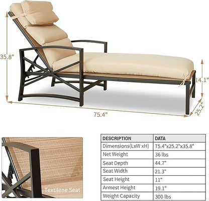 PatioFestival Patio Lounge Chair Cushioned Chaise Lounger Outdoor with Adjustable Back 3.1" Thickness Long Cushion All Weather Frame(Khaki)