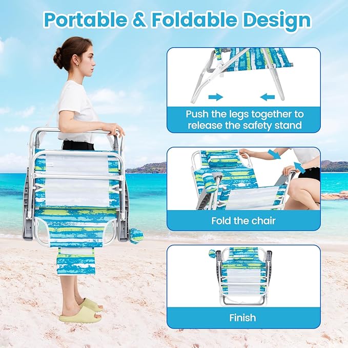 GYMAX Beach Chairs, 2Pcs Folding Camping Chair with Adjustable Backrest, Shoulder Strap, Cup Holder & Headrest, Portable Aluminum Lounger for Tanning, Sunbath, Lawn, Patio (Green, 2 Chairs)