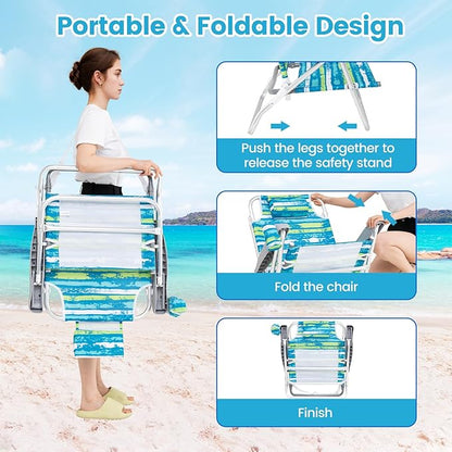 GYMAX Beach Chairs, 2Pcs Folding Camping Chair with Adjustable Backrest, Shoulder Strap, Cup Holder & Headrest, Portable Aluminum Lounger for Tanning, Sunbath, Lawn, Patio (Green, 2 Chairs)