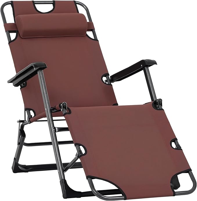 Outsunny Folding Chaise Lounge Chair for Outside, 2-in-1 Tanning Chair with Pillow & Pocket, Adjustable Pool Chair for Beach, Patio, Lawn, Deck, Brown