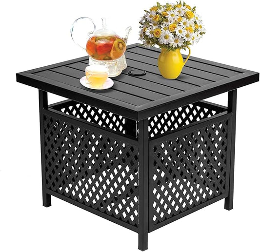 Outdoor Patio Bistro Coffee Table Side Table with 1.57" Umbrella Hole, Small Metal Square, for Garden, Pool, Deck, Black