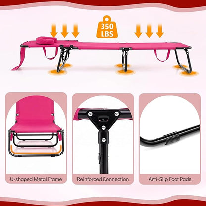 COSTWAY Tanning Chair with Face Hole, Pillows & Adjustable Backrest, Portable with Carrying Bag, Folding Beach Chaise Lounge for Sunbathing, Seaside (2, Pink)