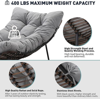 Outdoor Papasan Rocking Chair Oversized Set of 2 - Rocking Chair with Soft Cushion, 30° Rocker Egg Chair for Patio, Front Porch, Backyard, Living Room, Grey