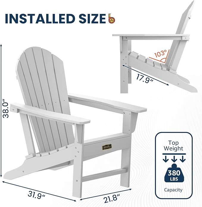 SERWALL Adirondack Chair - Traditional Adirondack Chairs HIPS Outdoor Chairs Weather Resistant- White