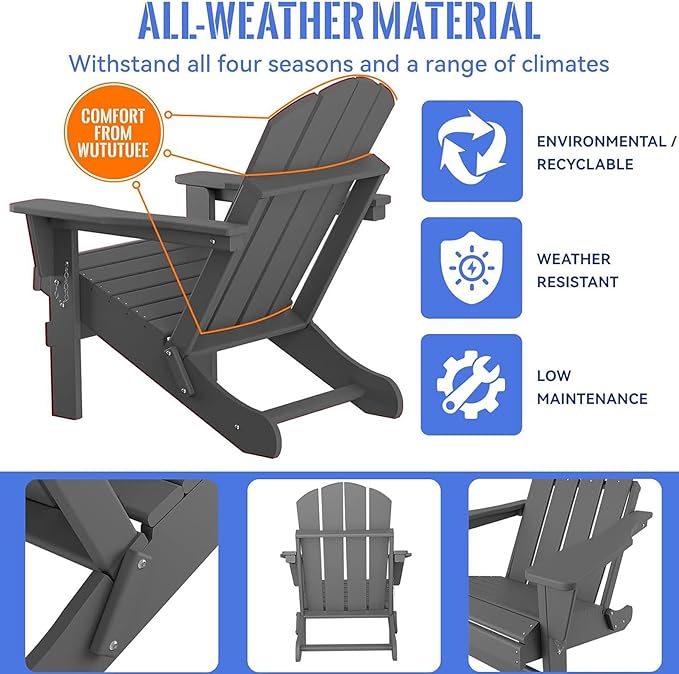 Folding Adirondack Chair, All-Weather Fire Pit Chairs, Oversized All Weather Resistant Outdoor Adirondack Chair for Firepit Area BBQ Beach Deck Garden Lawn Backyard Pool (Antique Gray)