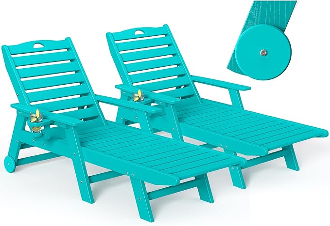 nalone Outdoor Chaise Lounge Chair Set of 2 with Wheels & Cup Holder, HDPE Pool Lounge Chairs with 5-Position Adjustable Backrest Supports Up to 400 LBS for Patio Poolside Deck Beach Backyard (Aruba)