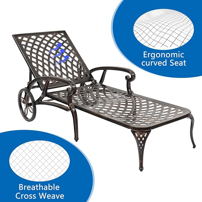 Cast Aluminum Outdoor Chaise Lounge Chair with Wheels, Patio Chaise Lounge with 3-Position Adjustable Backrest - Photo 6