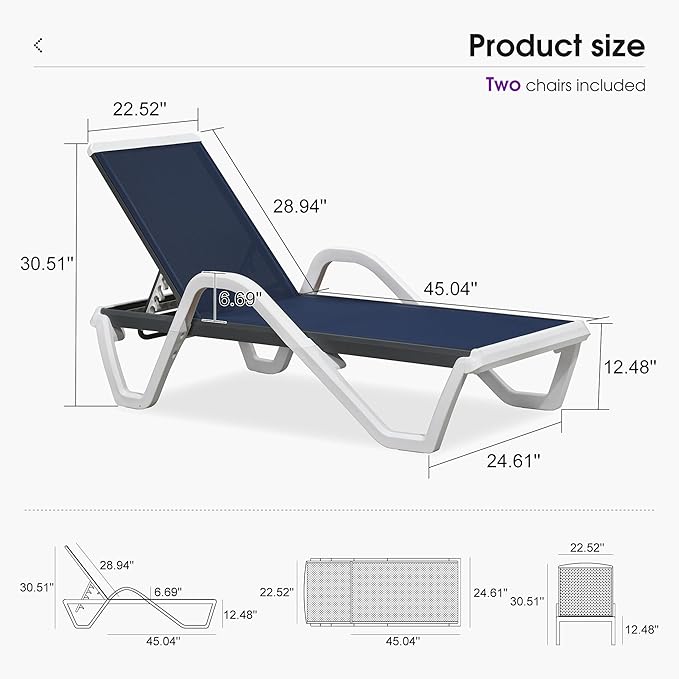 PURPLE LEAF Patio Chaise Lounge Set of 2 Plastic Pool Outdoor Lounge Chair with Armrest Stackable Poolside Tanning Chairs for Beach Deck Yard Sunbathing, Navy Blue