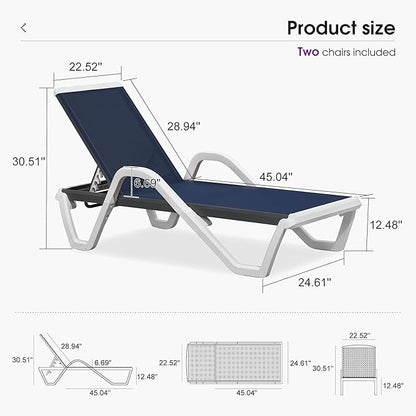 PURPLE LEAF Patio Chaise Lounge Set of 2 Plastic Pool Outdoor Lounge Chair with Armrest Stackable Poolside Tanning Chairs for Beach Deck Yard Sunbathing, Navy Blue