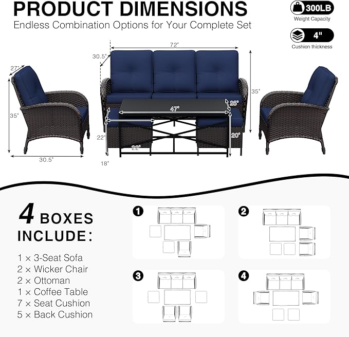 Joyside Wicker Patio Furniture Set, 6 Piece Outdoor Furniture Set with Thickened Cushions, High Back, Deep Seating, Wide Armrest, Rattan Outdoor Chairs for Porch, Deck