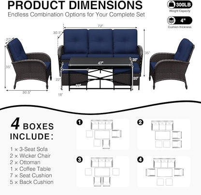 Joyside Wicker Patio Furniture Set, 6 Piece Outdoor Furniture Set with Thickened Cushions, High Back, Deep Seating, Wide Armrest, Rattan Outdoor Chairs for Porch, Deck