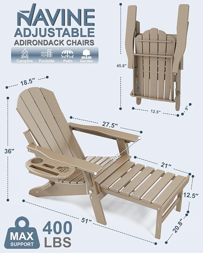 Adjustable Adirondack Chair with Retractable Ottoman Set of 8, HDPE Folding Adirondack Chair with Cup Holder, All Weather Fire Pit Chair for Outdoor.