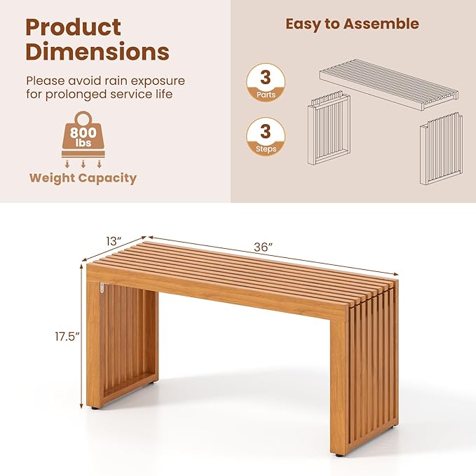 RELAX4LIFE 2-Person Wooden Outdoor Bench - 36’’ Acacia Wood Backless Patio Garden Bench w/Slatted Seat, Indoor Outside Dining Loveseat Furniture for Entryway Park Porch, 800LBS Weight Capacity (2)