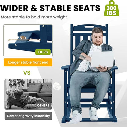 LOUNZY Outdoor Rocking Chair with Footboards Set of 8, HDPE Rocking Chair Patio Porch Rocker with 380lbs Support for Adult, Navy