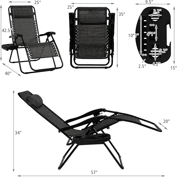 Tangkula Set of 2 Zero Gravity Chair, Folding Patio Lounge Chair Adjustable Outdoor Recliner with Cup Holder - Photo 3