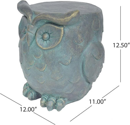 OWL Garden Stool, Plant Stool or OWL Table for Garden, Front Porch, Patio, Outside, Indoor, Lightweight Concrete, Weather-Resistant, Distressed Gold Patina Finish, No Assembly (Owl)