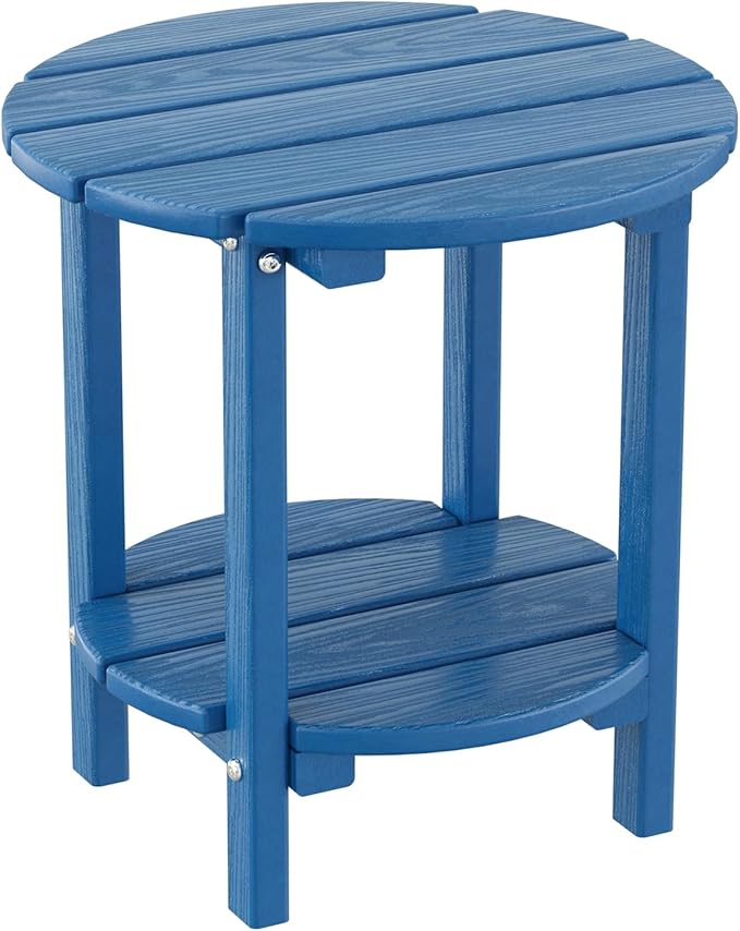 2 Tier Round Outdoor Side Table with Wood-Like Grain, HDPE Adirondack Table Patio Side Table, Weather Resistant End Table for Pool, Patio & Porch, Small Outdoor Table (Navy Blue, Round)