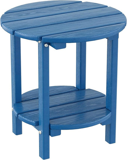 2 Tier Round Outdoor Side Table with Wood-Like Grain, HDPE Adirondack Table Patio Side Table, Weather Resistant End Table for Pool, Patio & Porch, Small Outdoor Table (Navy Blue, Round)