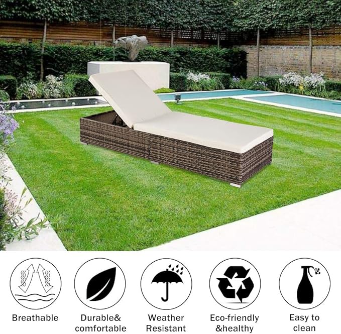 VINGLI Adjustable Wicker Patio Chaise Lounge Outdoor, Rattan Outdoor Lounge Chair, All Weather Patio Chaise Lounge with Adjustable Backrest and Soft Cushions Wicker Daybed (Gray)