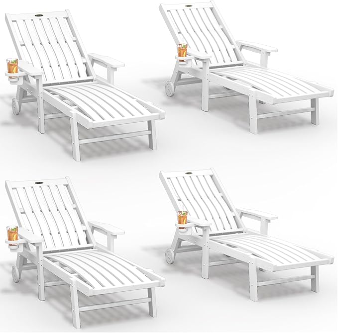 THOEOE Patio Chaise Lounge Chair Set of 4, Oversized Lounge Chair Outdoor with 5 Positions, HDPE, Patio Lounge Chair with Wheels & Cup Holder for Pool, Deck, Poolside,White