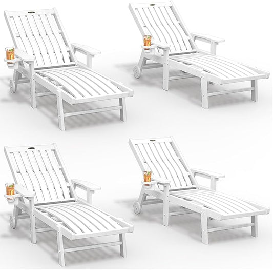 THOEOE Patio Chaise Lounge Chair Set of 4, Oversized Lounge Chair Outdoor with 5 Positions, HDPE, Patio Lounge Chair with Wheels & Cup Holder for Pool, Deck, Poolside,White