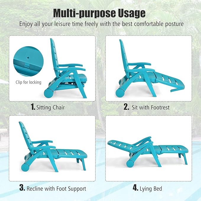 COSTWAY 2PCS Folding Chaise Lounge with Wheels, 5-Position Adjustable Recliner for Sunbathing, Seaside (Turquoise)