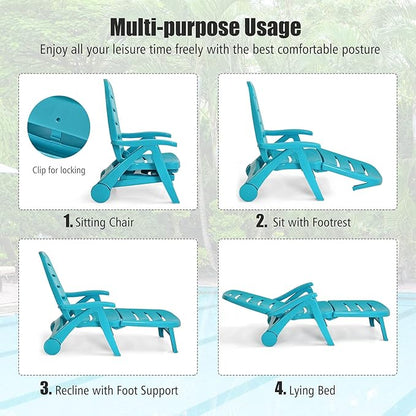 COSTWAY 2PCS Folding Chaise Lounge with Wheels, 5-Position Adjustable Recliner for Sunbathing, Seaside (Turquoise)
