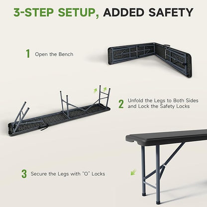 6FT Folding Bench - Heavy Duty 770lbs Capacity, Safety Locking Button & Wider Carrying Handle, Foldable Portable Bench for Outdoor, Picnic, Storage, Camping - Black, 2 Pack