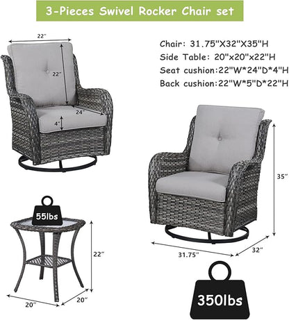 Rilyson Wicker Rocking Chair Swivel Chairs - 3 Piece Rocker Patio Furniture Set Rattan Rocking Bistro Sets with Glass Top Side Table for Outdoor Porch Deck Garden Backyard (Mixed Grey/Grey)