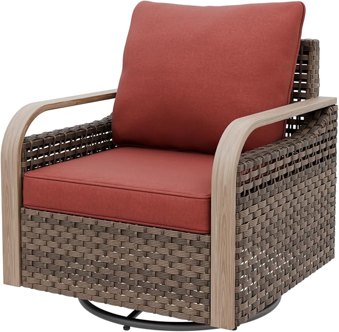 Modern Wicker Outdoor Swivel Rocking Chair, Rattan Glider Rocker Chair Patio Armchair for Backyard, Deck, Porch, Garden, 1 Piece, Brown/Red